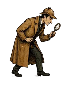 A cartoon detective solving a clue
