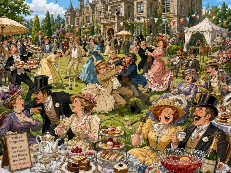 A chaotic garden party cartoon - couples have to spot the dog to see what colour it is to unlock the next clue