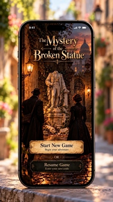 the mystery of the broken statue start screen in city backdrop